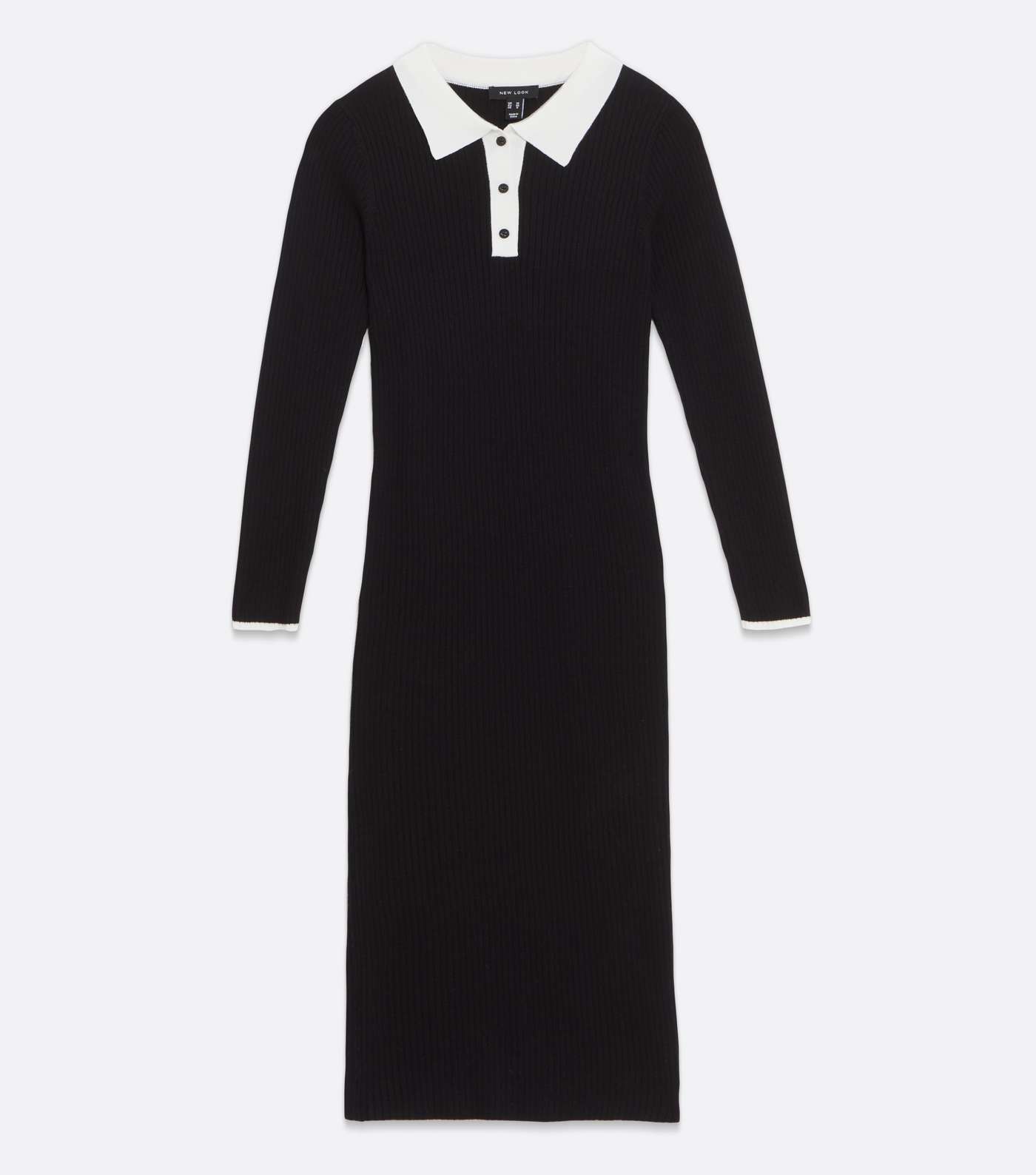 Black Ribbed Knit Contrast Polo Collar Midi Dress Image 5