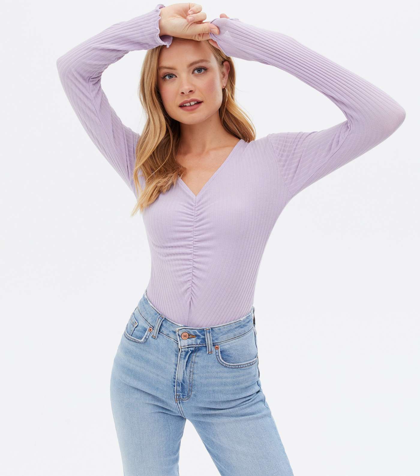 Lilac Ribbed Ruched Front Bodysuit