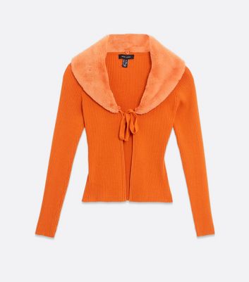 Orange Ribbed Knit Faux Fur Trim Tie Front Cardigan | New Look