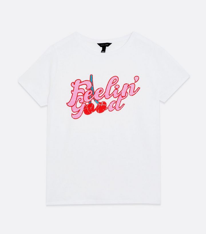 White Feelin Good Cherry Logo T Shirt New Look