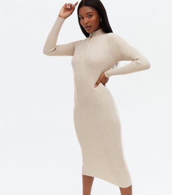 missguided high neck ribbed belted dress in beige