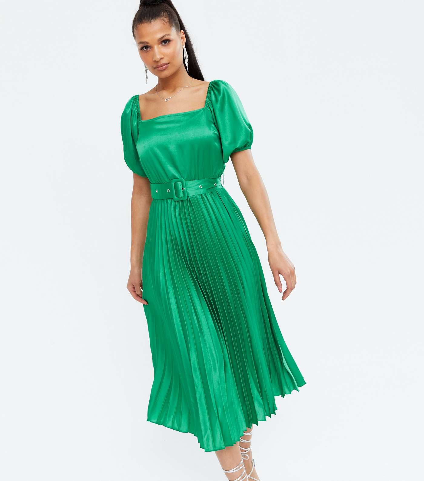 Green Satin Belted Puff Sleeve Pleated Midi Dress
