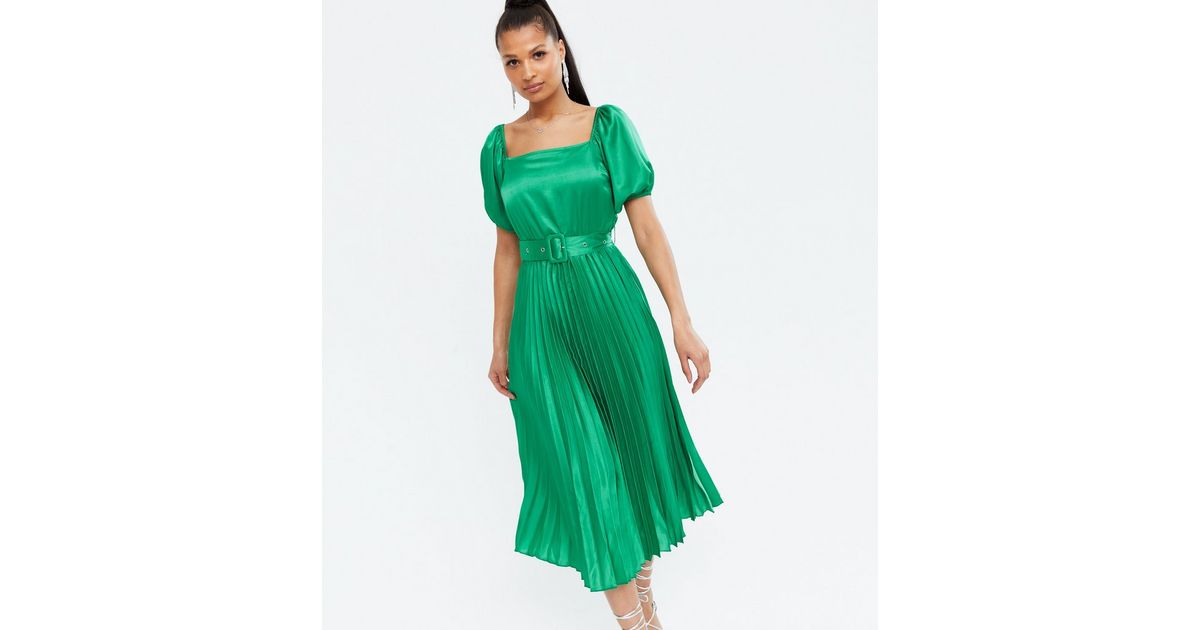 Green Satin Belted Puff Sleeve Pleated Midi Dress | New Look