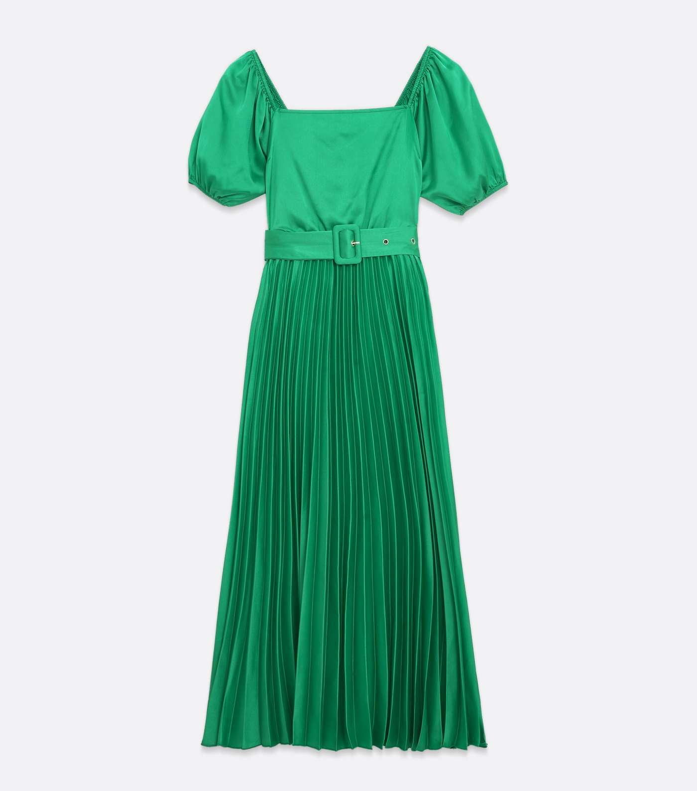 Green Satin Belted Puff Sleeve Pleated Midi Dress Image 5