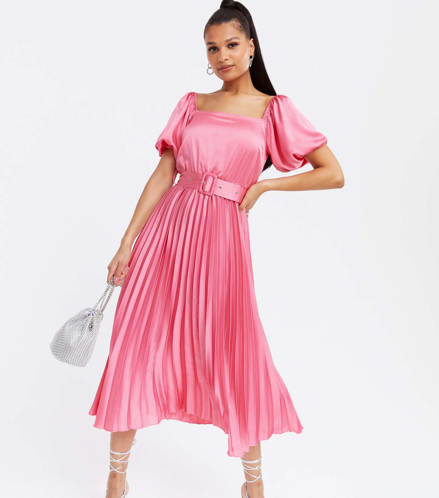 Bright Pink Satin Belted Puff Sleeve Pleated Midi Dress Image 2