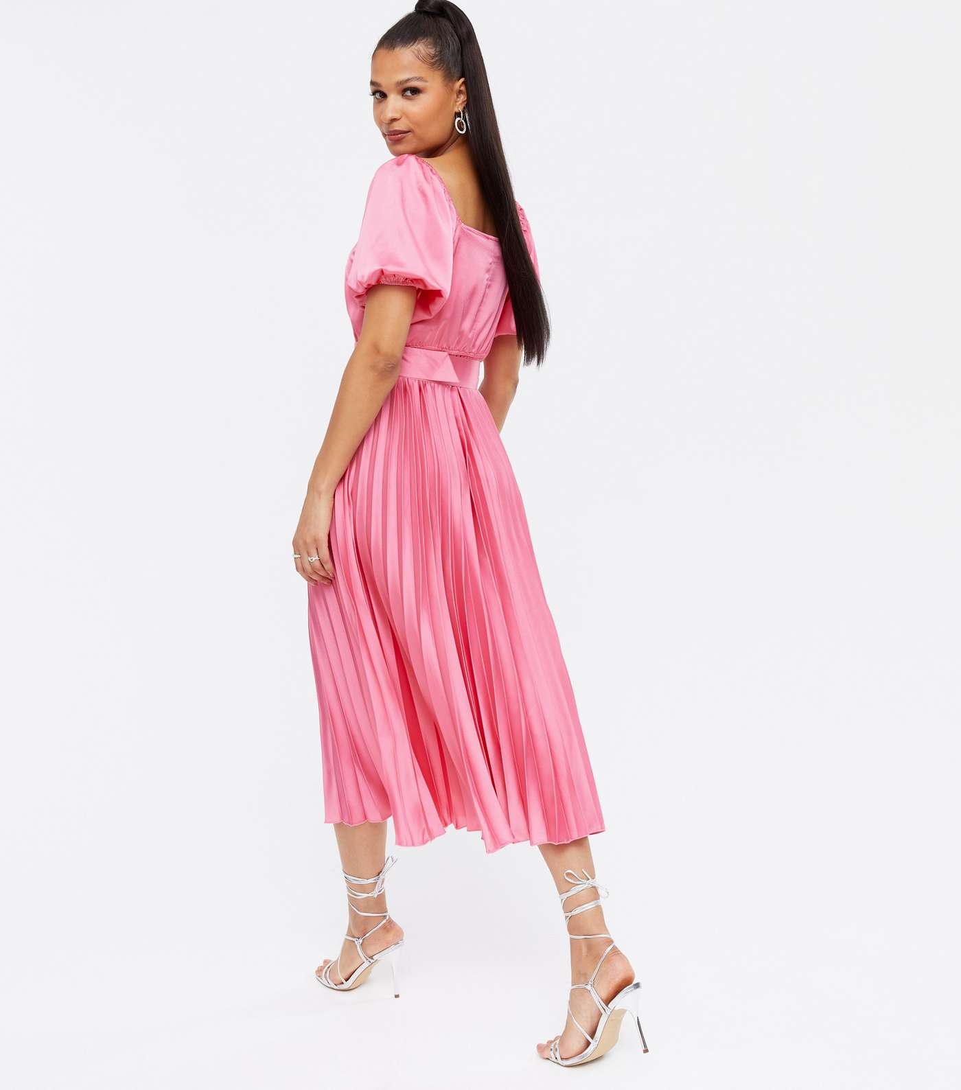 Bright Pink Satin Belted Puff Sleeve Pleated Midi Dress Image 4