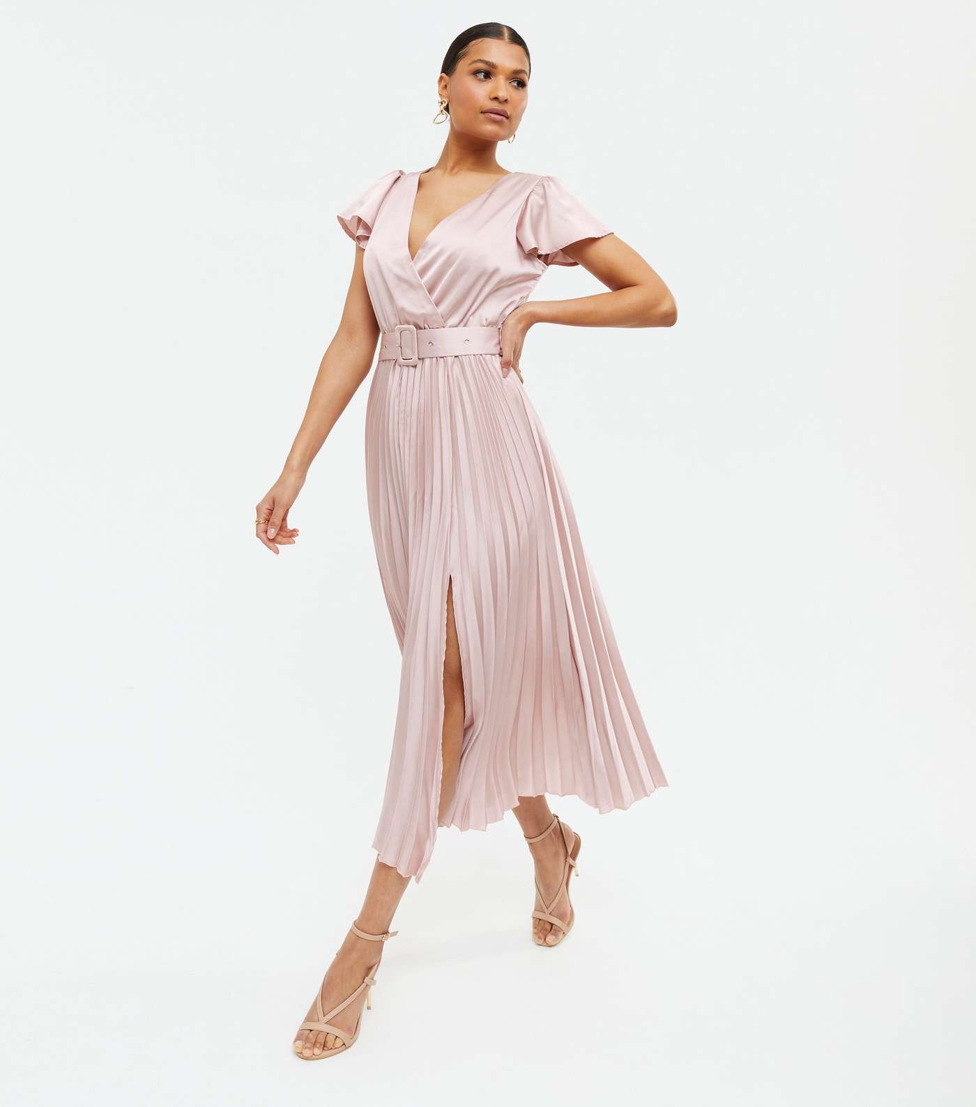 Pale Pink Satin Belted Pleated Wrap Midi Dress Image 2