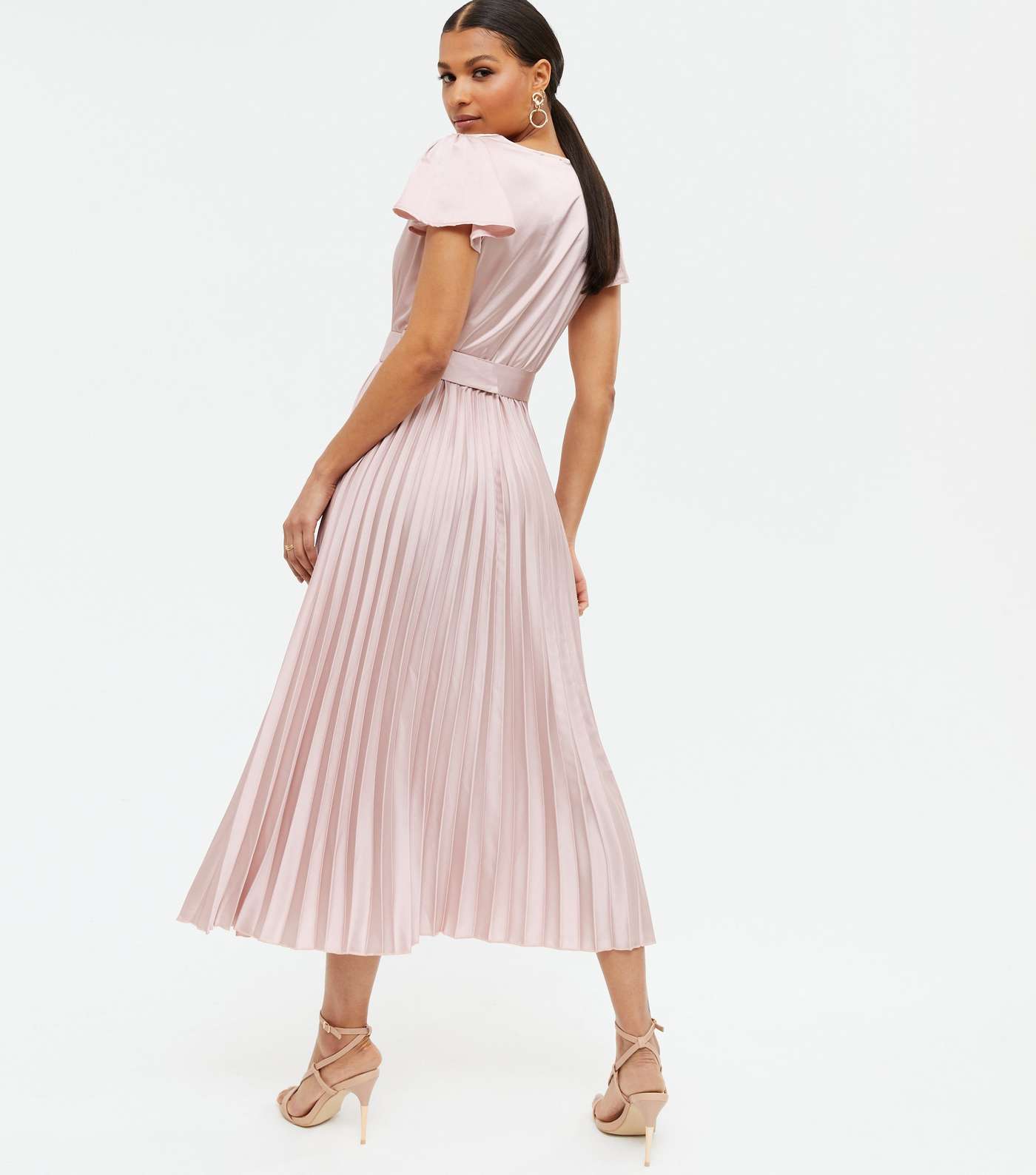 Pale Pink Satin Belted Pleated Wrap Midi Dress Image 4