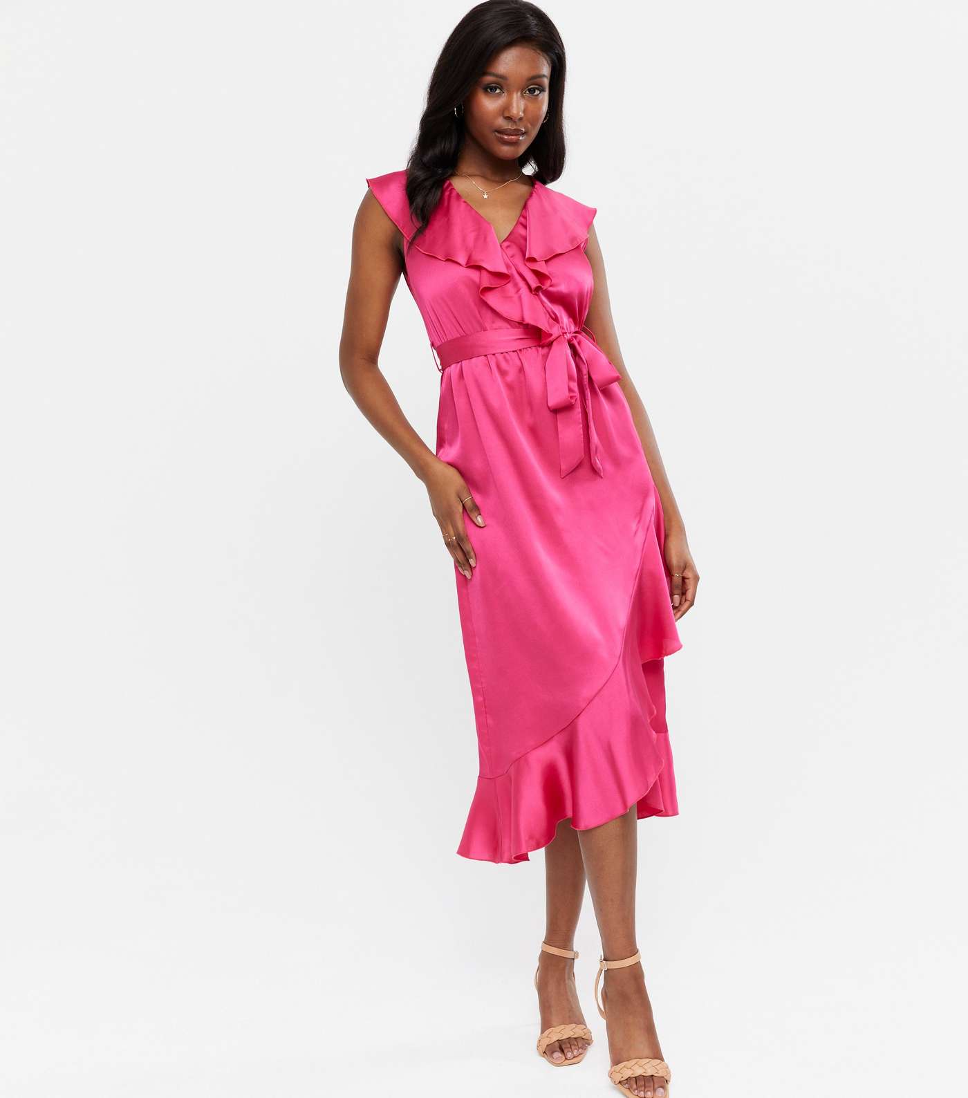 Bright Pink Satin Frill Yoke Asymmetric Ruffle Midi Dress Image 2