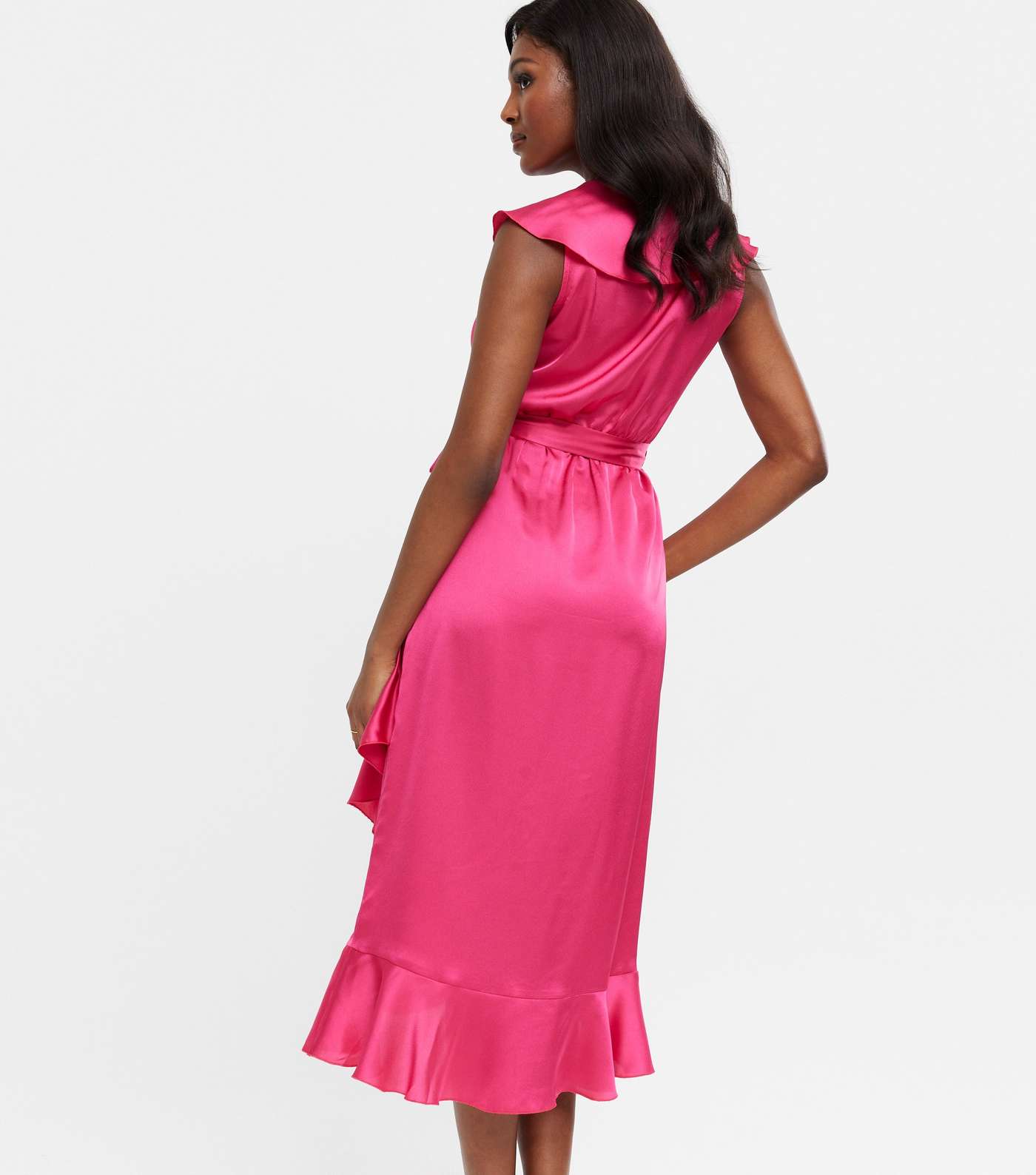 Bright Pink Satin Frill Yoke Asymmetric Ruffle Midi Dress Image 4
