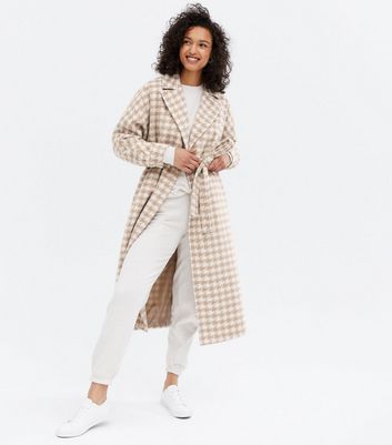 Cream Dogtooth Belted Long Coat | New Look