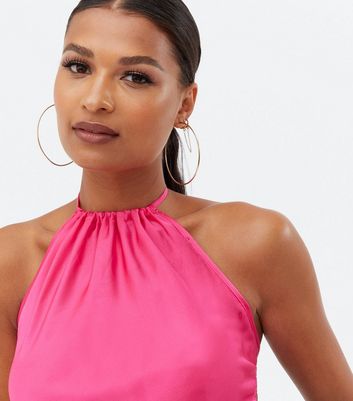 Bright Pink Satin Hanky Hem Halter Top 