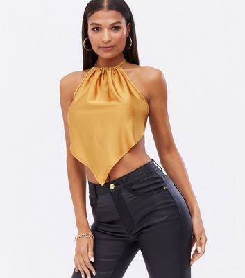 Mustard Satin Hanky Hem Halter Top New Look