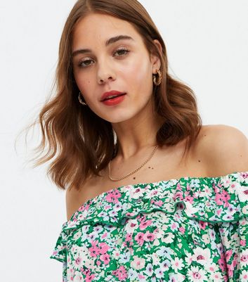 Green Ditsy Floral Frill Shirred Bardot Top | New Look