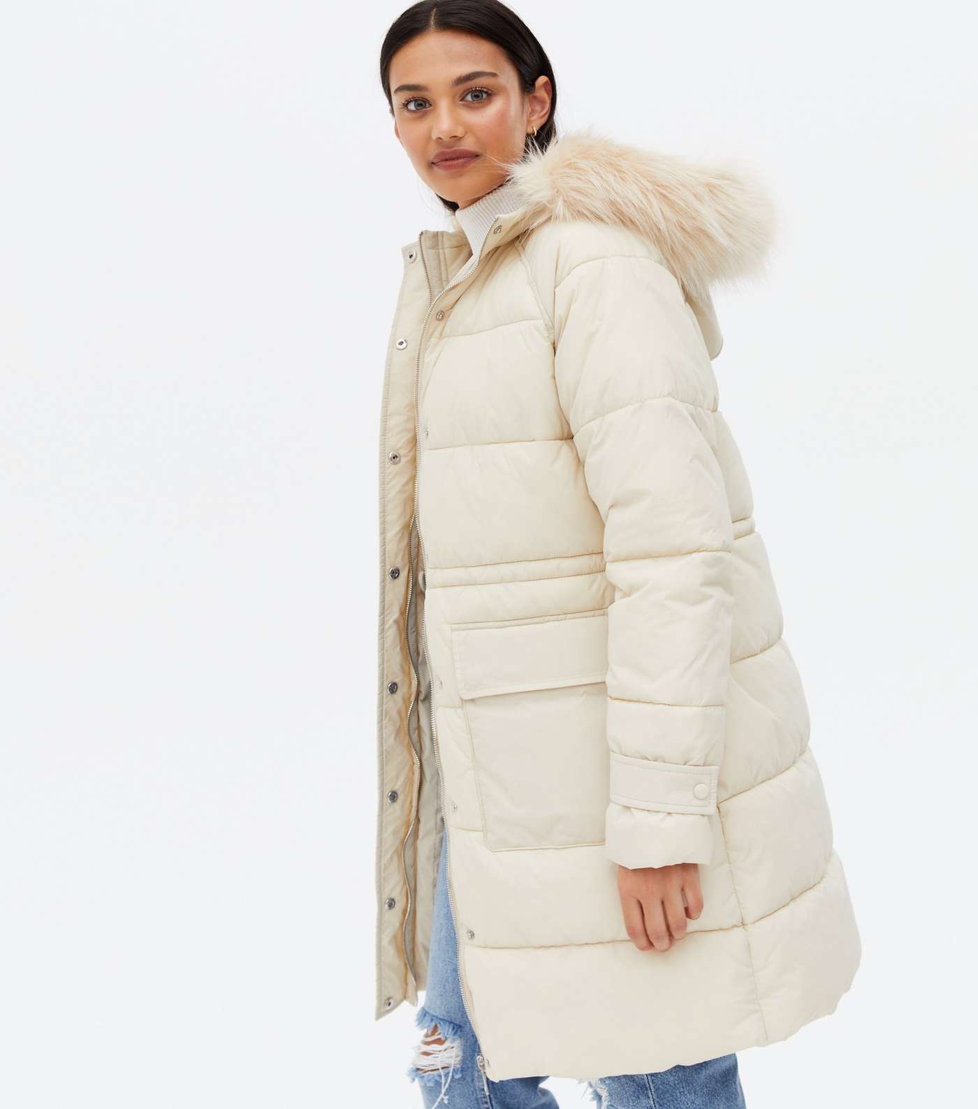 Stone Faux Fur Hooded Puffer Jacket Image 2