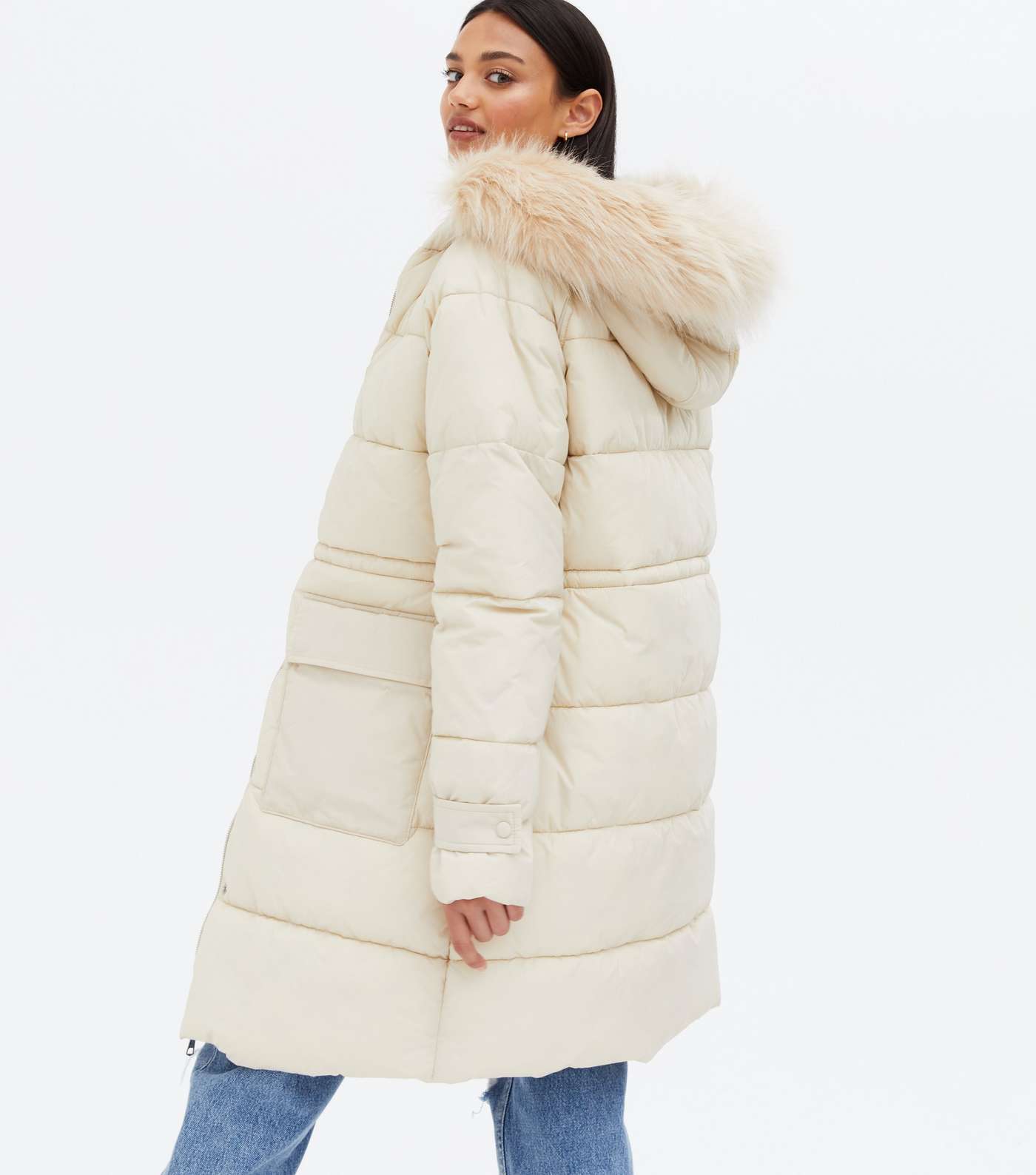 Stone Faux Fur Hooded Puffer Jacket Image 4