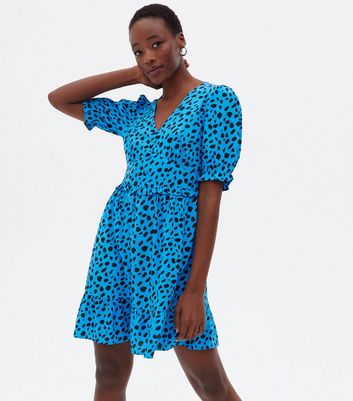 Tall Blue Leopard Print Puff Sleeve Ruffle Mini Dress