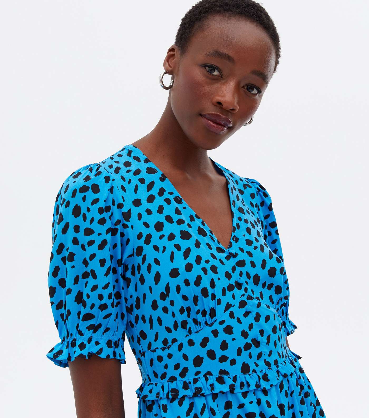 Tall Blue Leopard Print Puff Sleeve Ruffle Mini Dress Image 3
