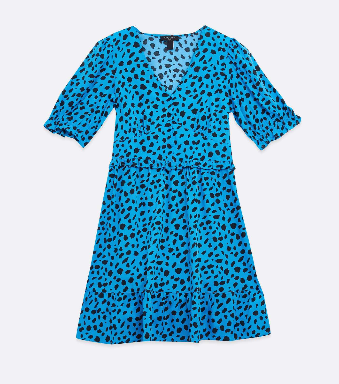 Tall Blue Leopard Print Puff Sleeve Ruffle Mini Dress Image 5