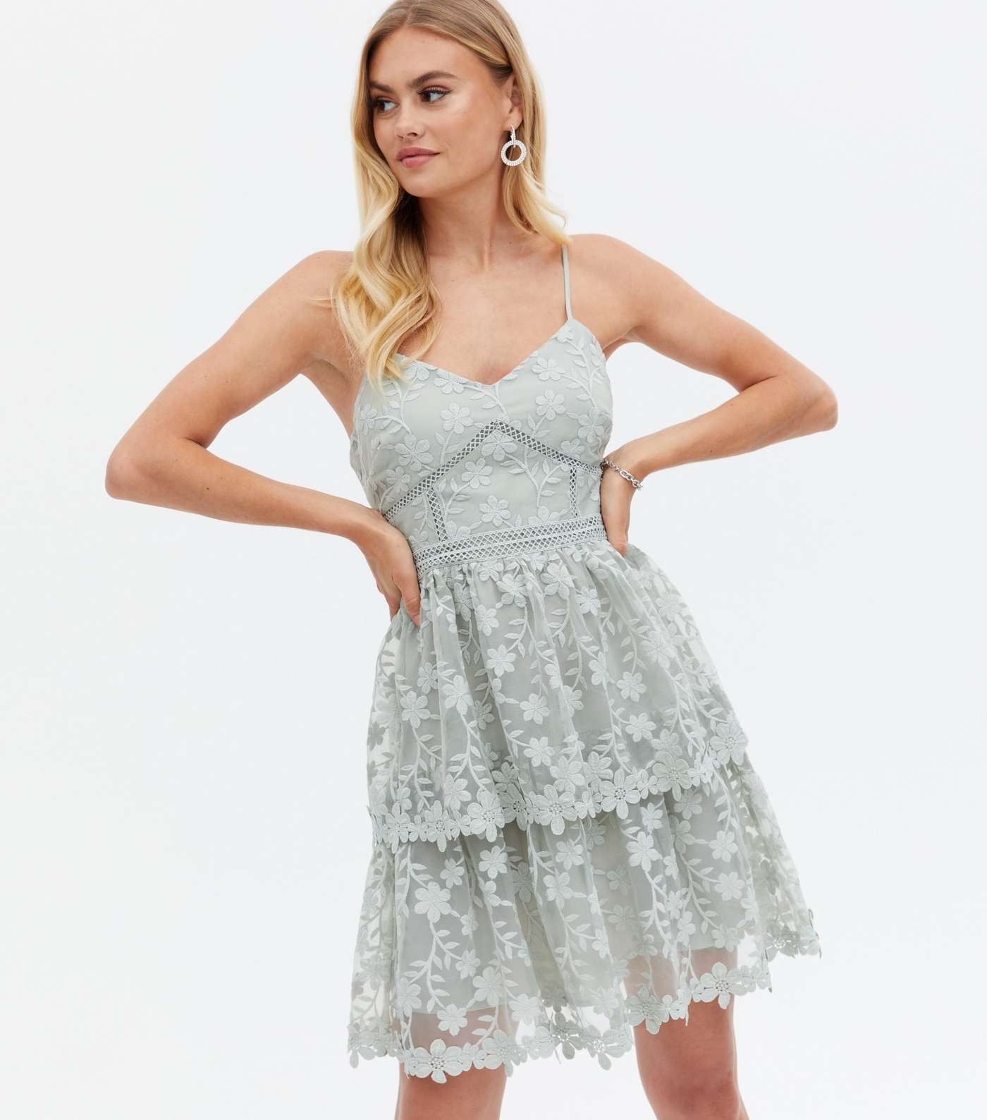 Light Green Floral Lace Tiered Skater Dress Image 2