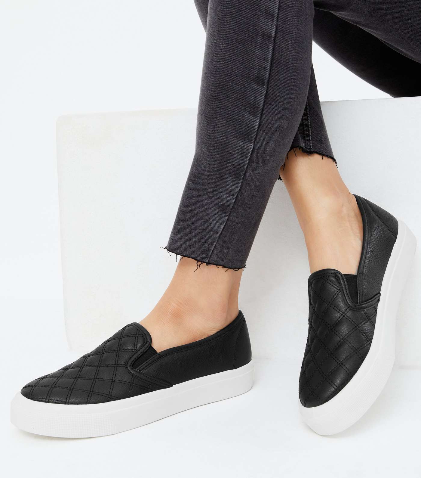 Girls Black Quilted Chunky Slip On Trainers Image 2
