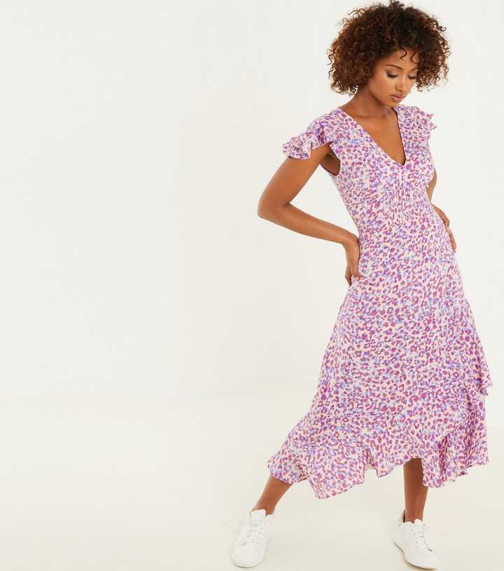 QUIZ Lilac Leopard Print Ruffle Hem Midi Dress | New Look