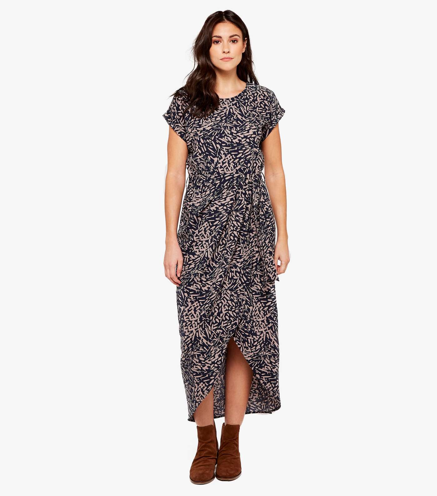 Apricot Navy Abstract Crepe Wrap Dress Image 2