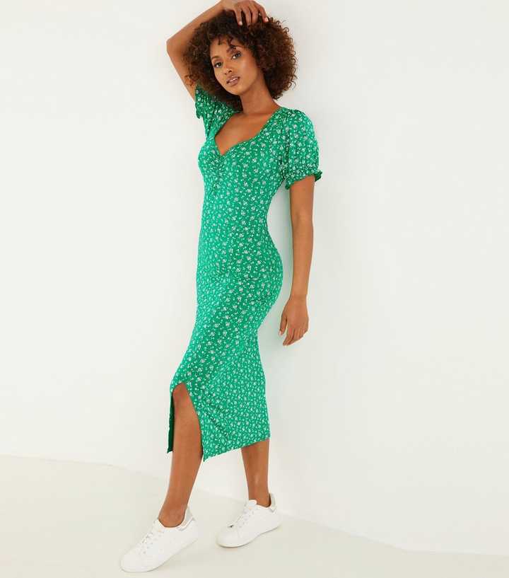 QUIZ Green Ditsy Floral Split Midi Dress | New Look