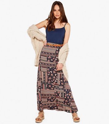 Apricot Navy Paisley Floral Belted Maxi Skirt | New Look