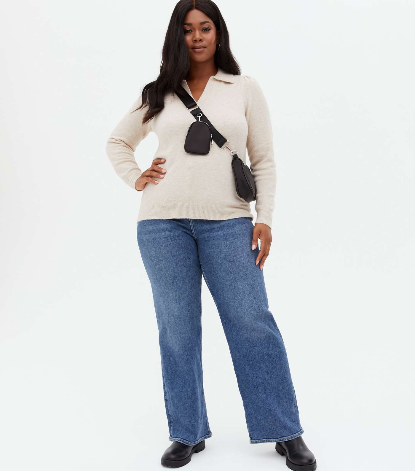Curves Off White Long Sleeve Polo Jumper