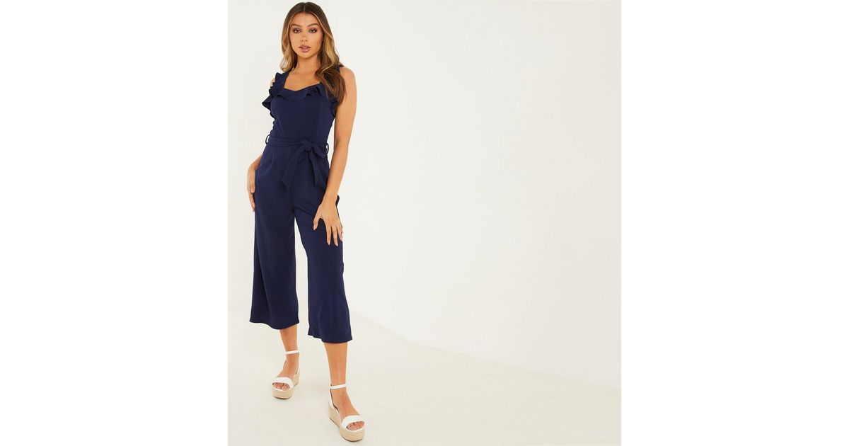QUIZ Navy Frill Tie Waist Square Neck Crop Jumpsuit New Look