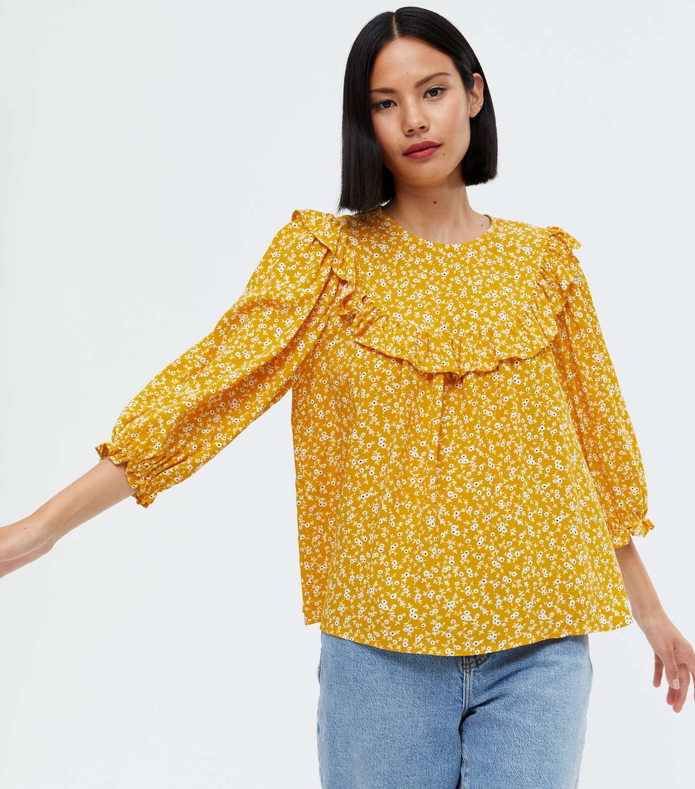 Mustard Ditsy Floral Frill 3/4 Sleeve Blouse 