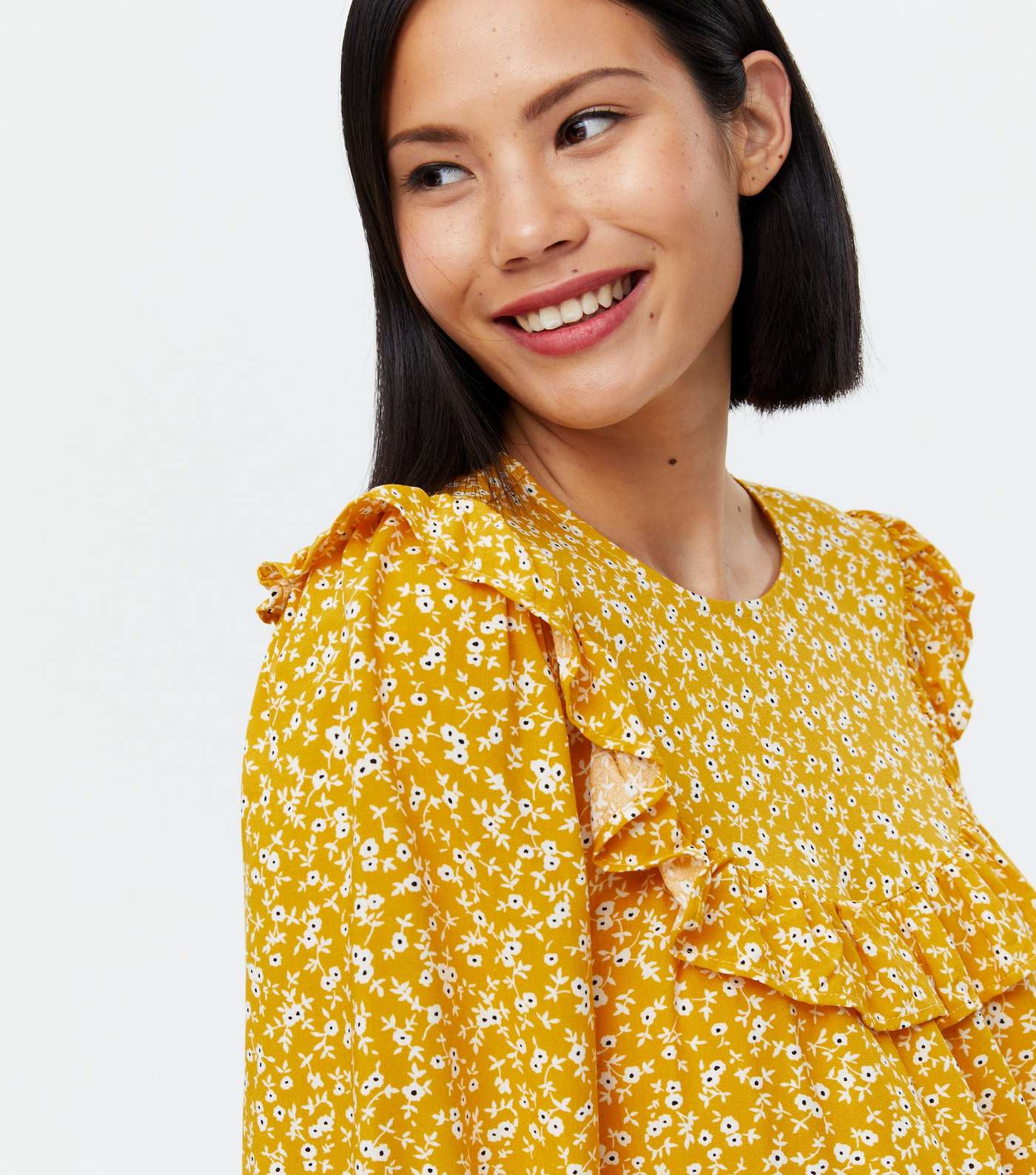 Mustard Ditsy Floral Frill 3/4 Sleeve Blouse  Image 3