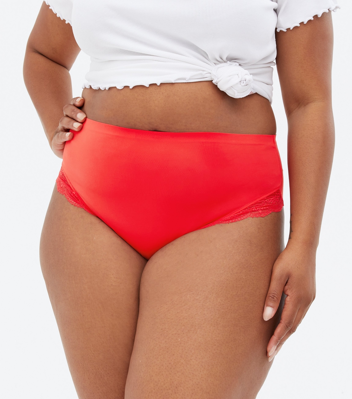 Women's Plus Size Red Lace Trim High Waist Briefs Curves New Look
