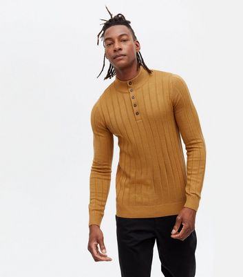 Camel Ribbed Fine Knit High Neck Jumper 