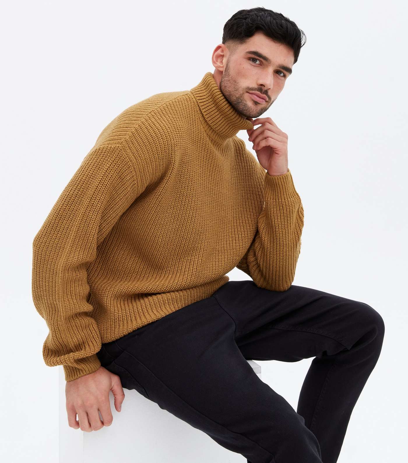Camel Ribbed Relaxed Roll Neck Jumper