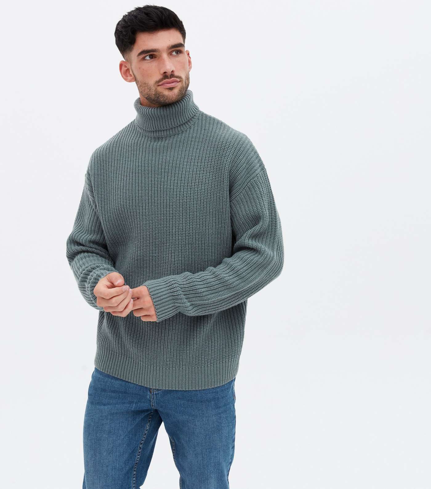 Blue Ribbed Relaxed Roll Neck Jumper