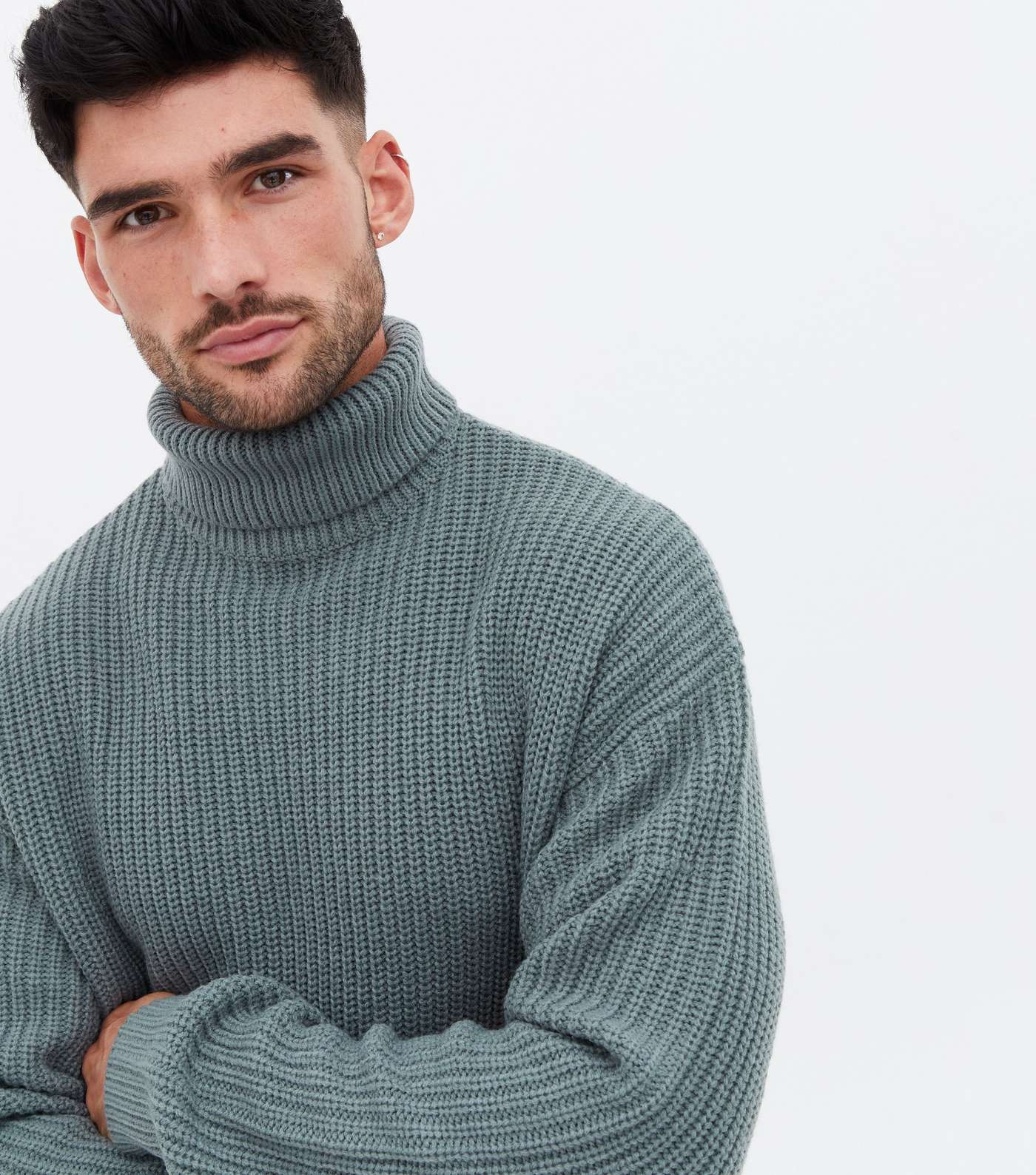 Blue Ribbed Relaxed Roll Neck Jumper Image 3