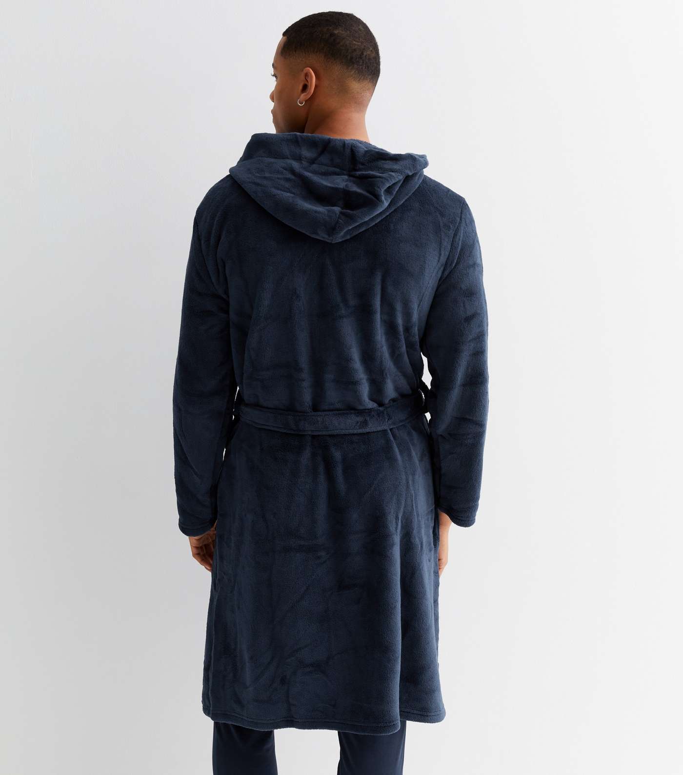 Navy Faux Fur Hooded Dressing Gown Image 4