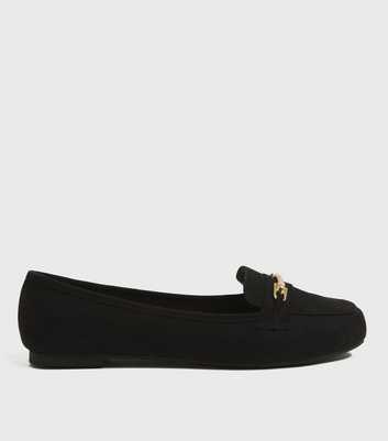 Extra Wide Fit Black Suedette Metal Bar Loafers