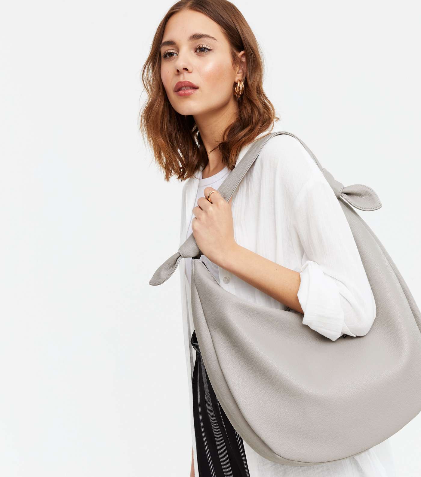 Pale Grey Leather-Look Slouchy Tote Bag Image 2