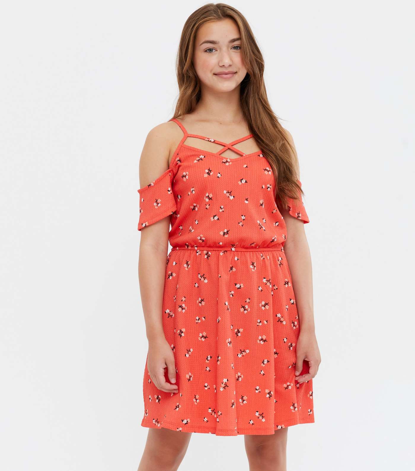 Girls Orange Textured Lattice Cold Shoulder Dress