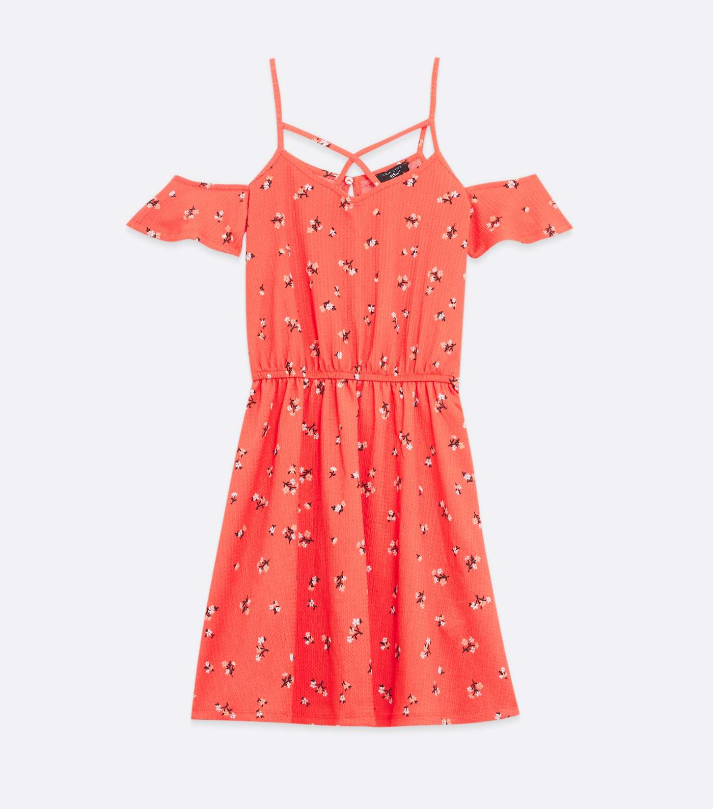 Girls Orange Textured Lattice Cold Shoulder Dress Image 5