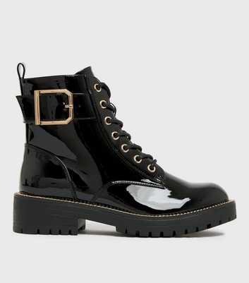 Black Patent Chunky Lace Up Buckle Biker Boots