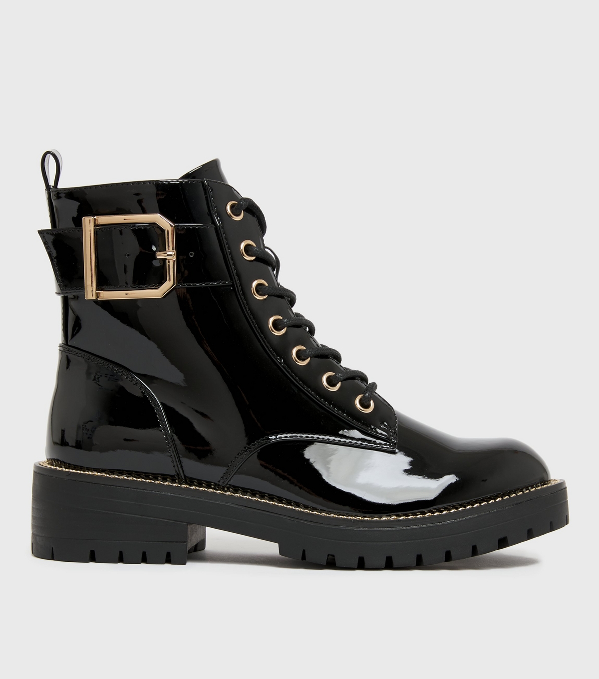 Women's Black Patent Chunky Lace Up Buckle Biker Boots Vegan New Look