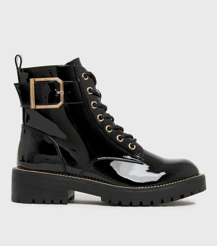 Black Patent Chunky Lace Up Buckle Biker Boots