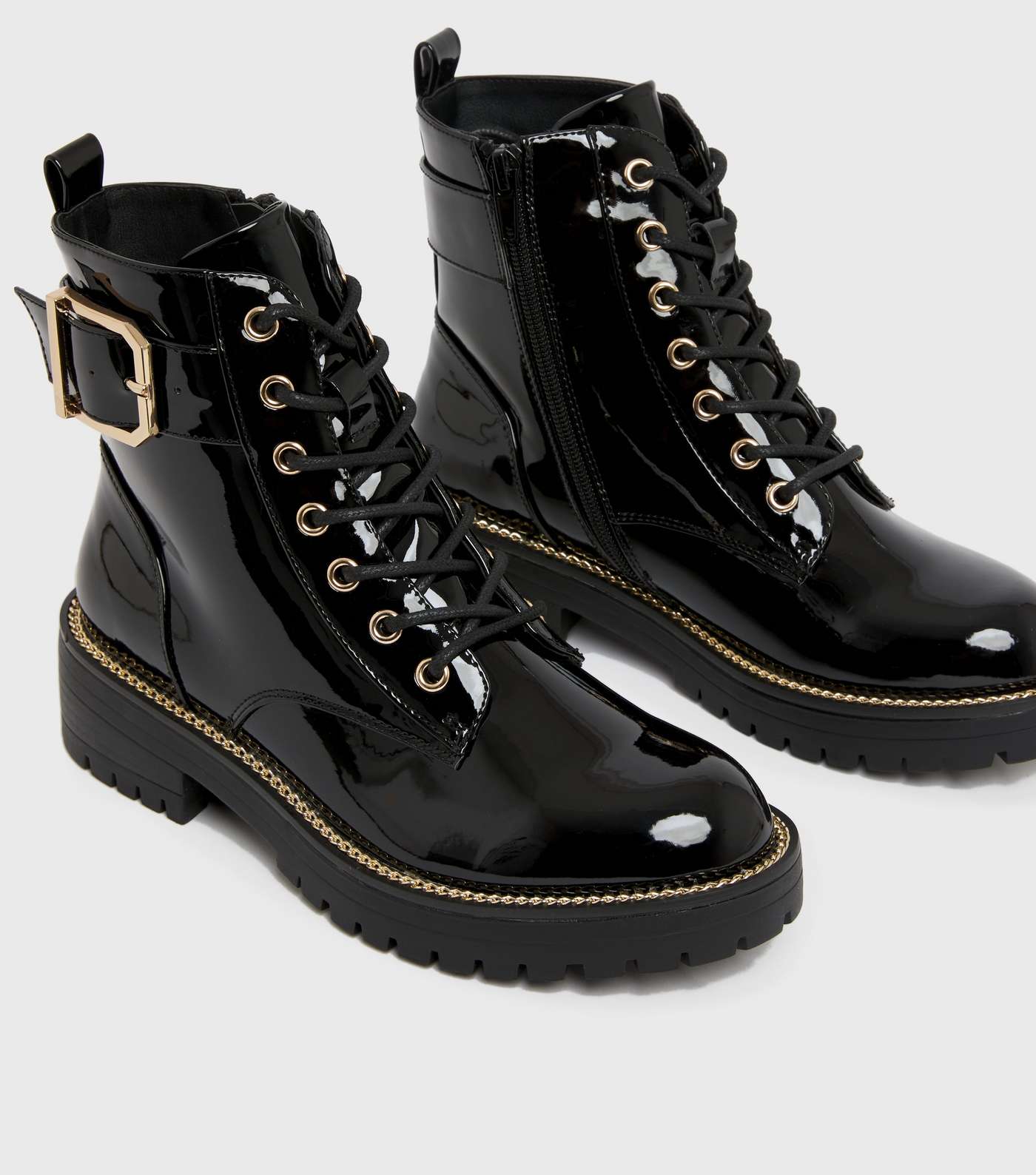 Black Patent Chunky Lace Up Buckle Biker Boots Image 3