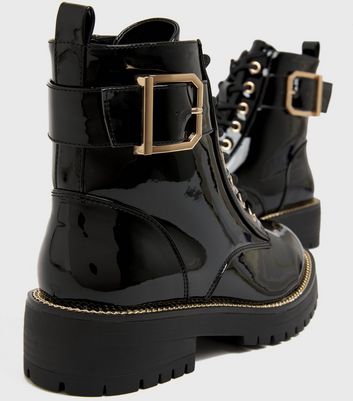 shop for Black Patent Chunky Lace Up Buckle Biker Boots New Look Vegan at Shopo
