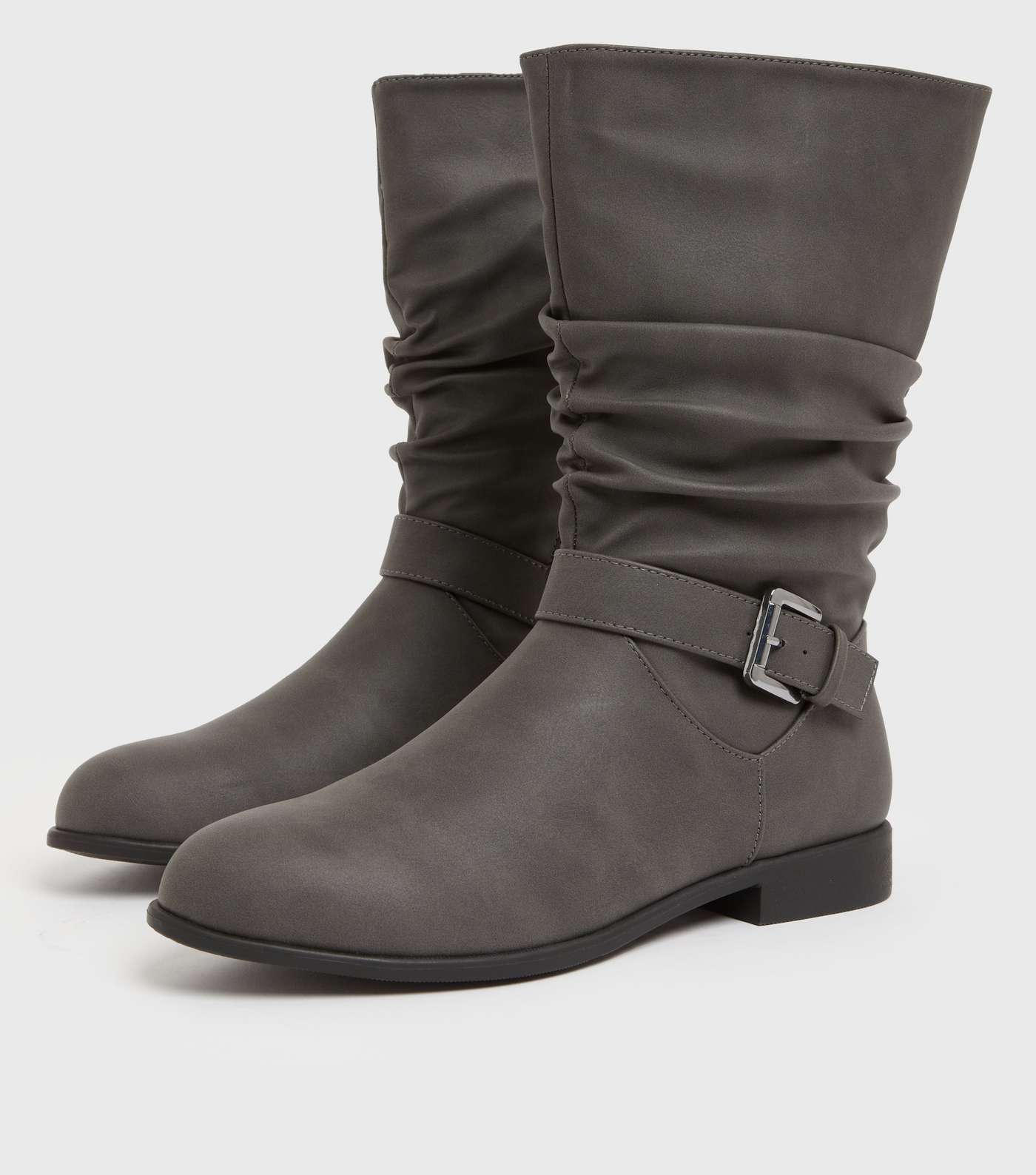 Grey Buckle Slouch Calf Boots Image 3