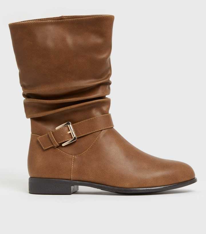 Tan Buckle Slouch Calf Boots